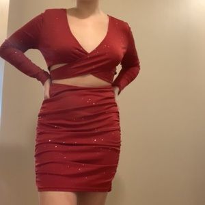 Large red dress with sparkles.